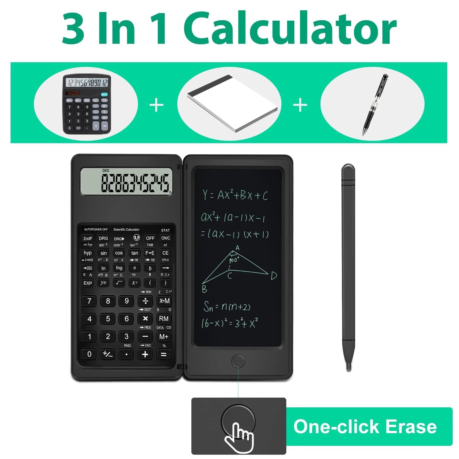 TRELC Scientific Calculator with Notepad & Stylus, 10-Digit LCD Display, Black | Portable 117g (4.05 oz) Calculator - view 2