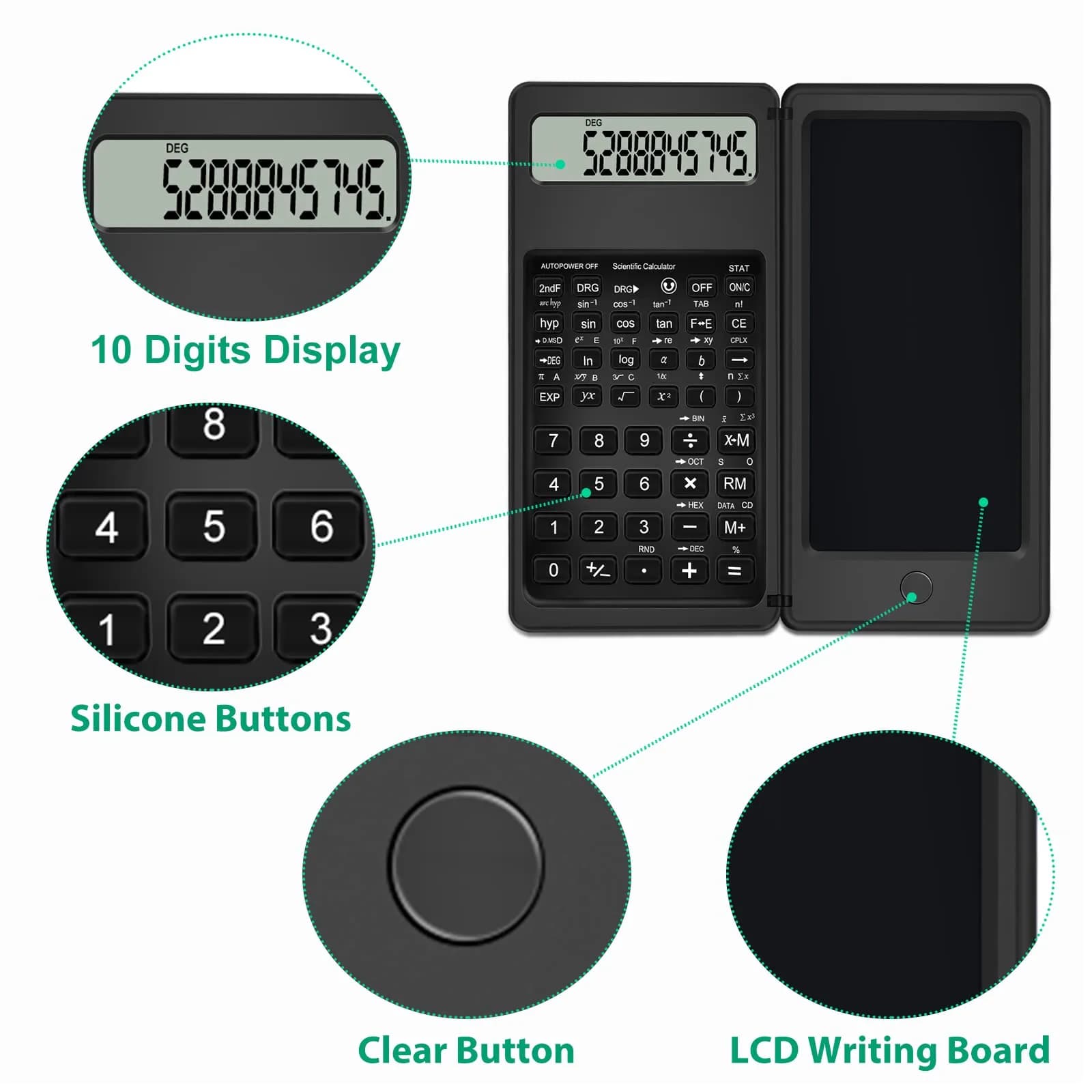 TRELC Scientific Calculator with Notepad & Stylus, 10-Digit LCD Display, Black | Portable 117g (4.05 oz) Calculator - view 3