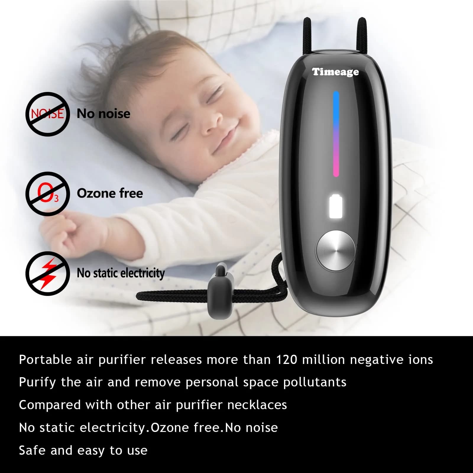 Timeage Blue Wearable Personal Air Purifier Necklace | 120 Million Negative Ions - view 3