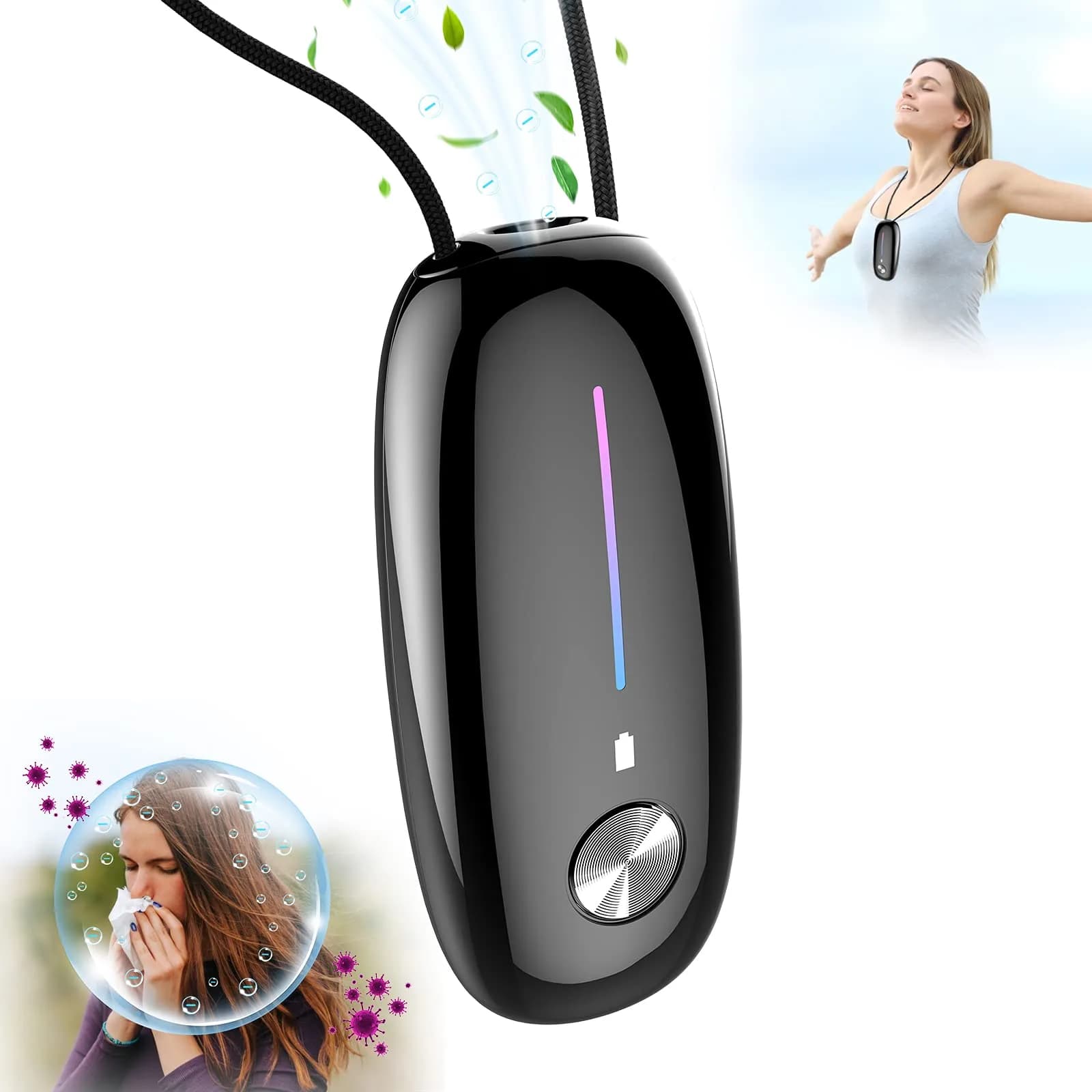 Timeage Black Wearable Personal Air Purifier Necklace | 120 Million Negative Ions - main product image