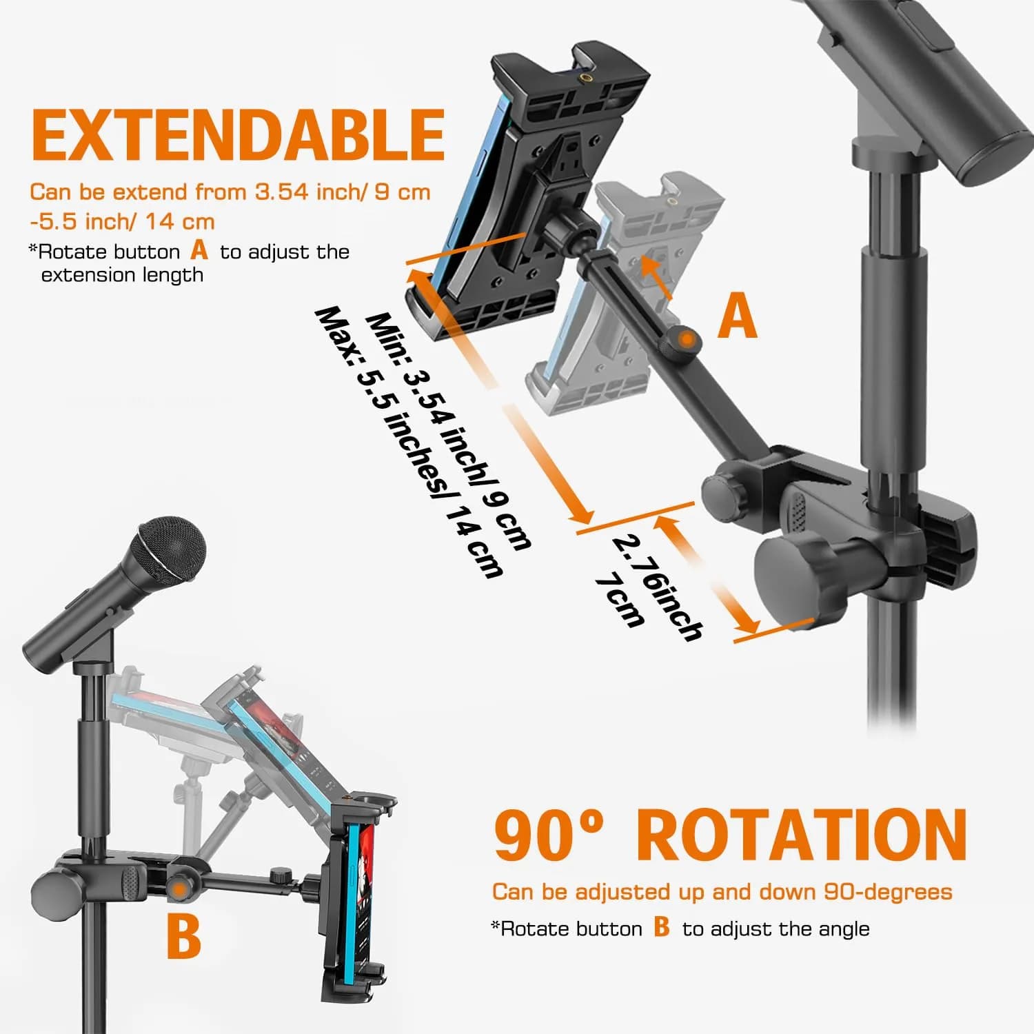 JUBOR Adjustable Tablet Holder for Mic Stand | 10.9 cm - 32.8 cm (4.3" - 12.9") Screen Size - view 2
