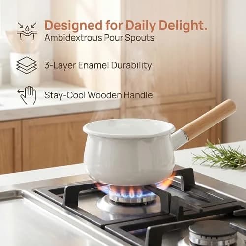 Jucoan 1 Quart Enamel Milk Pan with Dual Pour Spouts | Small Enamel on Steel Saucepan for Heating & Boiling thumbnail 2