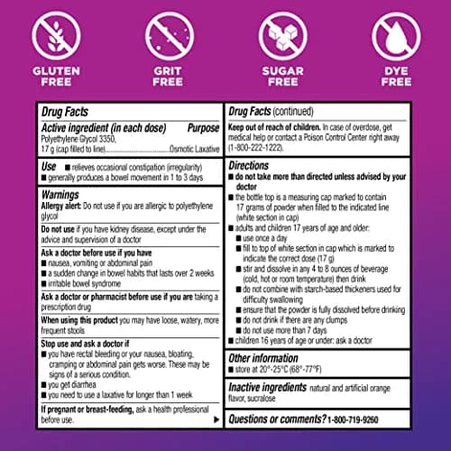 Amazon Basic Care ClearLax Polyethylene Glycol 3350 Powder for Solution, Orange Flavor, 1.11 Pound (503 g) | Osmotic Laxative for Occasional Constipation Relief thumbnail 5