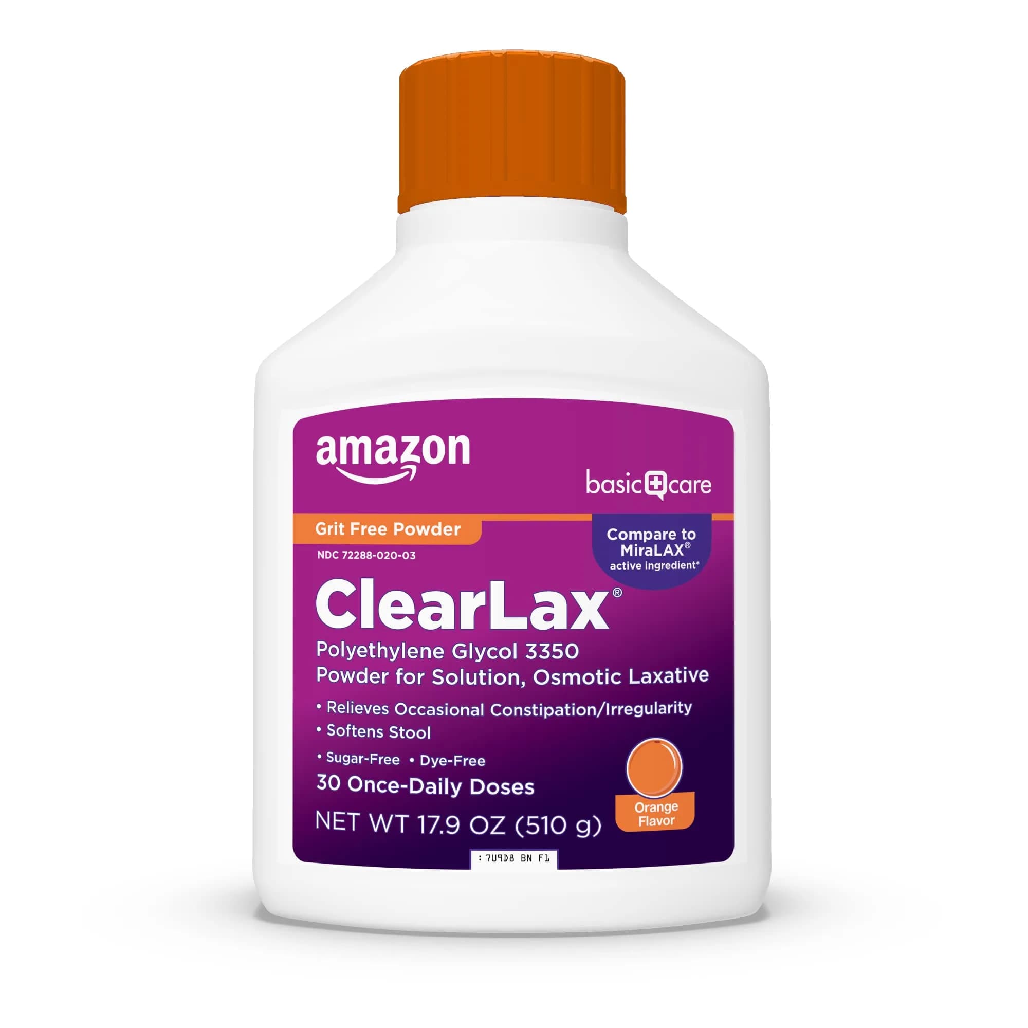 Amazon Basic Care ClearLax Polyethylene Glycol 3350 Powder for Solution, Orange Flavor, 1.11 Pound (503 g) | Osmotic Laxative for Occasional Constipation Relief - main product image