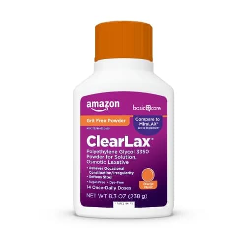 Amazon Basic Care ClearLax Polyethylene Glycol 3350 Powder for Solution, Orange Flavor 235 g (8.3 oz) | Relieves Occasional Constipation thumbnail 1
