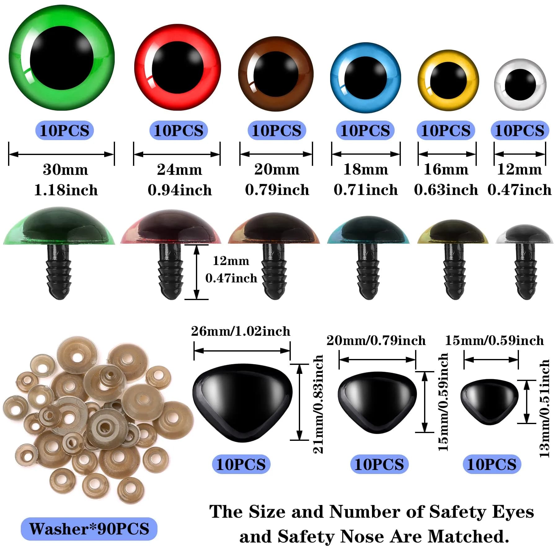 UPINS Large Colored Safety Eyes and Nose with Washers for Amigurumi, 180 Pcs | Crafting Supplies for DIY Dolls - view 2