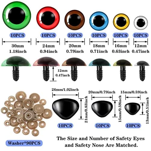 UPINS Large Colored Safety Eyes and Nose with Washers for Amigurumi, 180 Pcs | Crafting Supplies for DIY Dolls thumbnail 2
