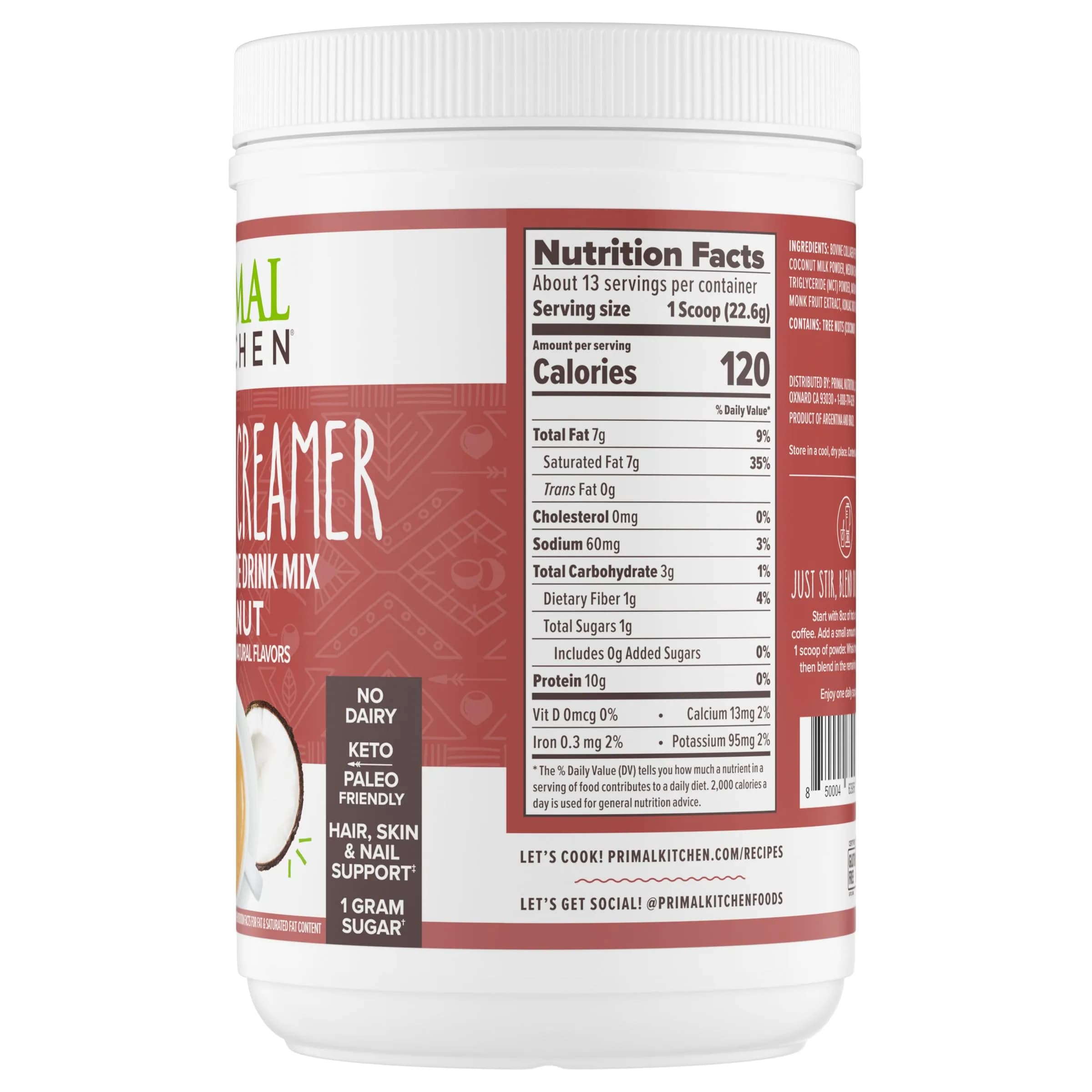 Primal Kitchen Hazelnut Collagen Creamer Powder 293g (10.34 Oz) | 11g Collagen Peptides Per Serving - view 7