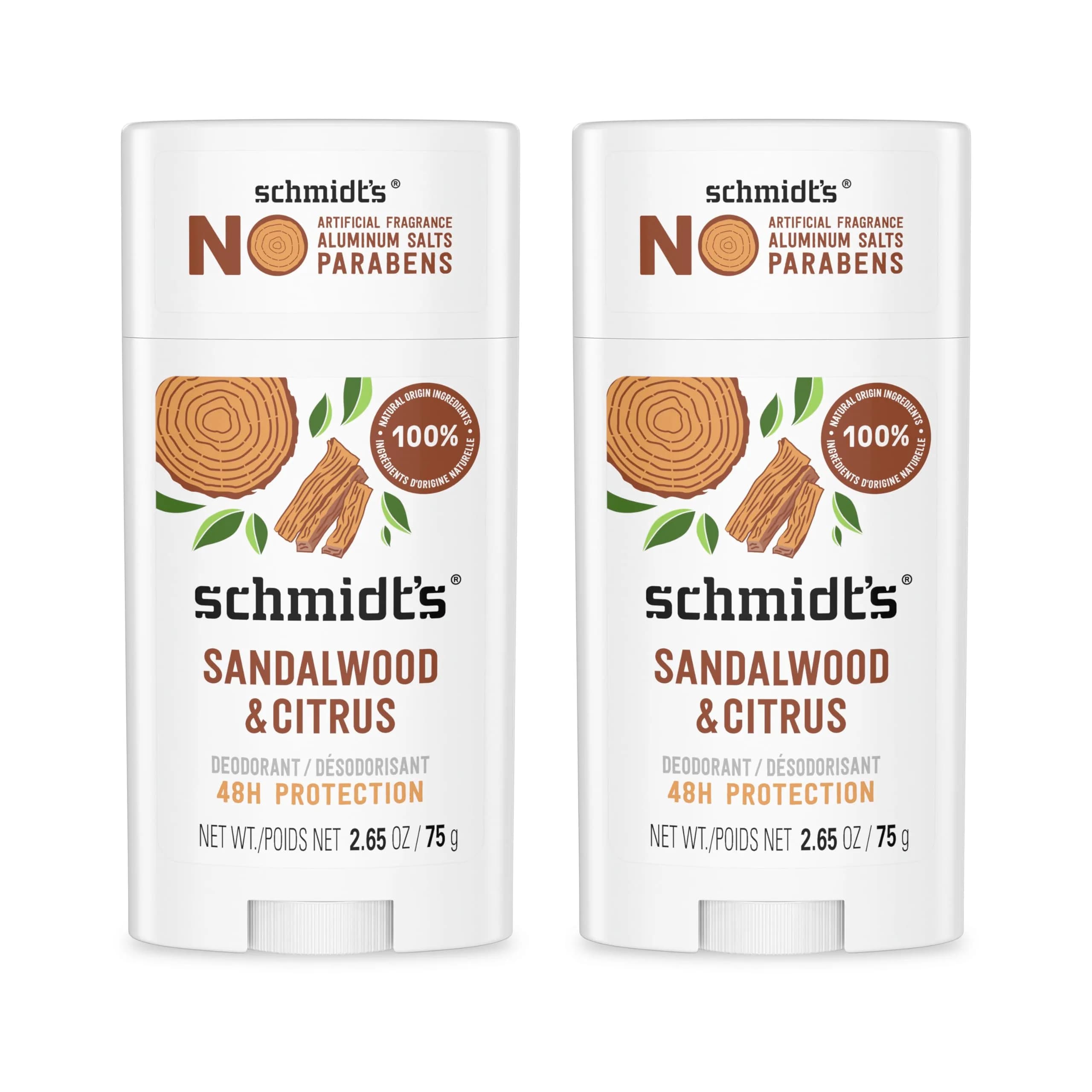 Schmidt's Natural Deodorant Sandalwood & Citrus 2.65 oz | 24-Hour Odor Protection, Vegan & Aluminum-Free — White