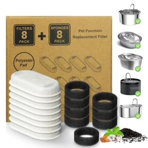 KANCHOU Cat Water Fountain Filter 16Pcs for 101oz/3L Stainless Steel Fountain | 8 Filters & 8 Sponges thumbnail 1