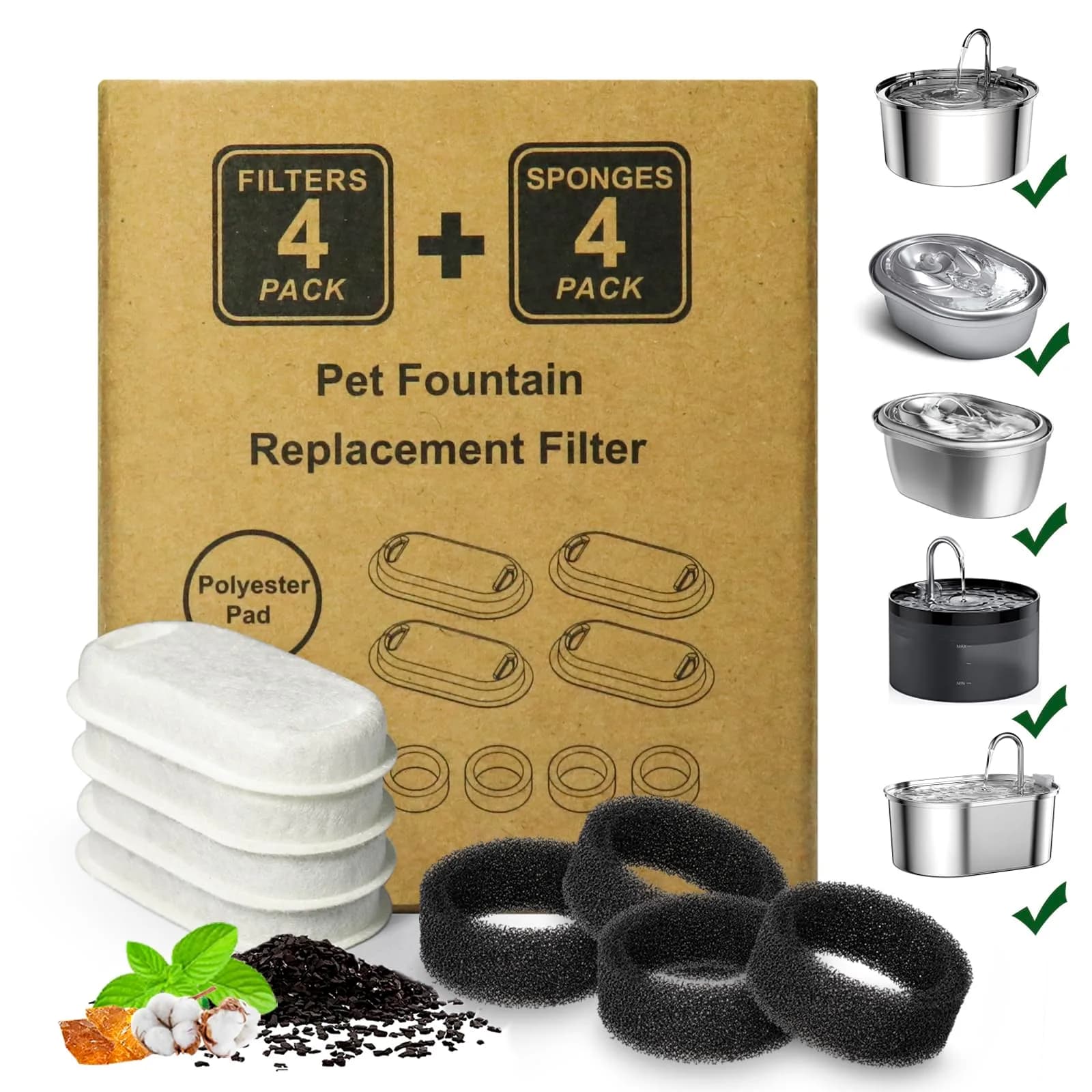 KANCHOU Cat Water Fountain Filter 8Pcs | Compatible with 101oz/3L Stainless Steel Pet Fountain — 4 Filters+4 Sponges (2 Month Supply)