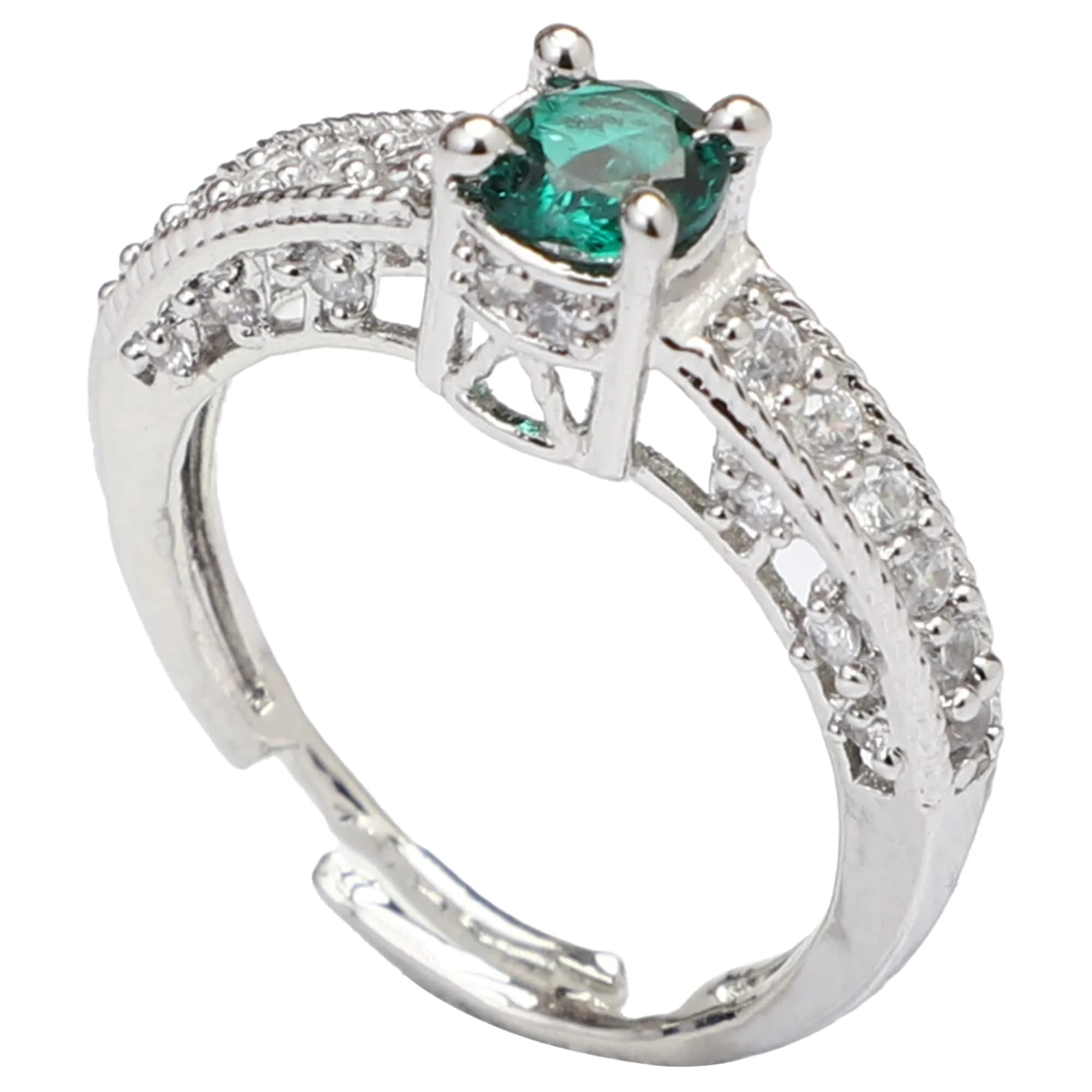 I Jewels Rhodium Plated CZ Crystal Adjustable Designer Finger Ring for Women (FL162G) - Green, 50mm - view 4