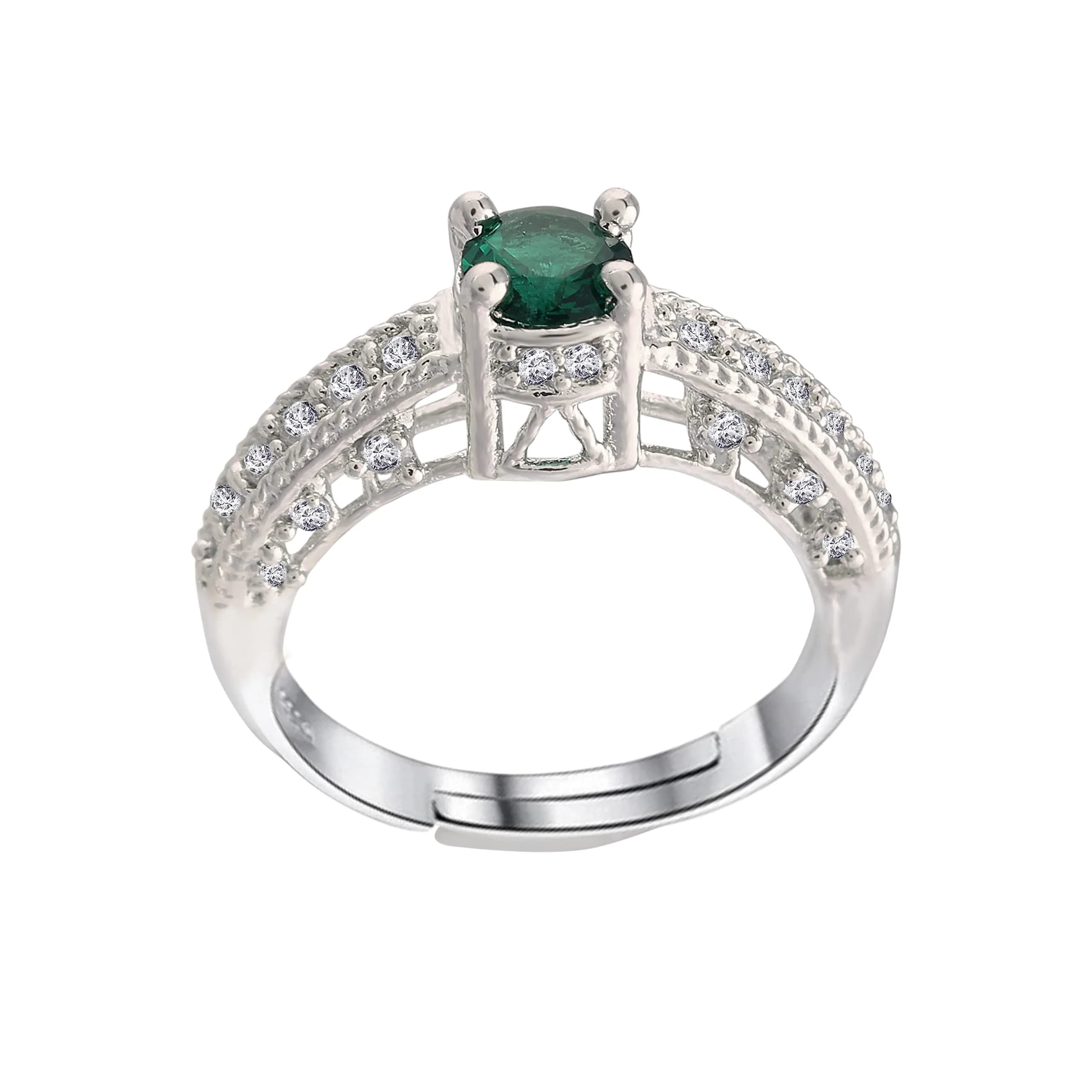 I Jewels Rhodium Plated CZ Crystal Adjustable Designer Finger Ring for Women (FL162G) - Green, 50mm - main product image