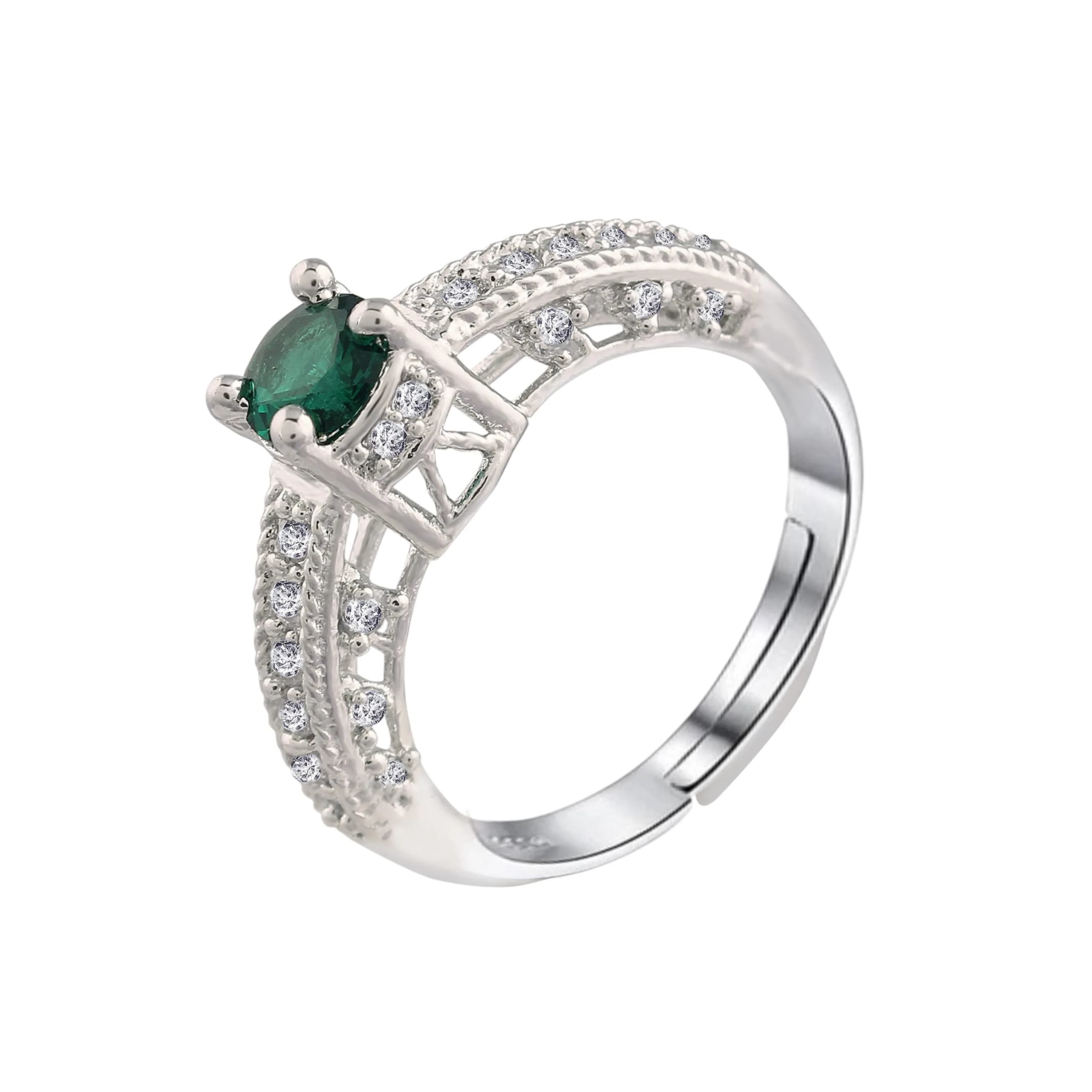 I Jewels Rhodium Plated CZ Crystal Adjustable Designer Finger Ring for Women (FL162G) - Green, 50mm - view 2