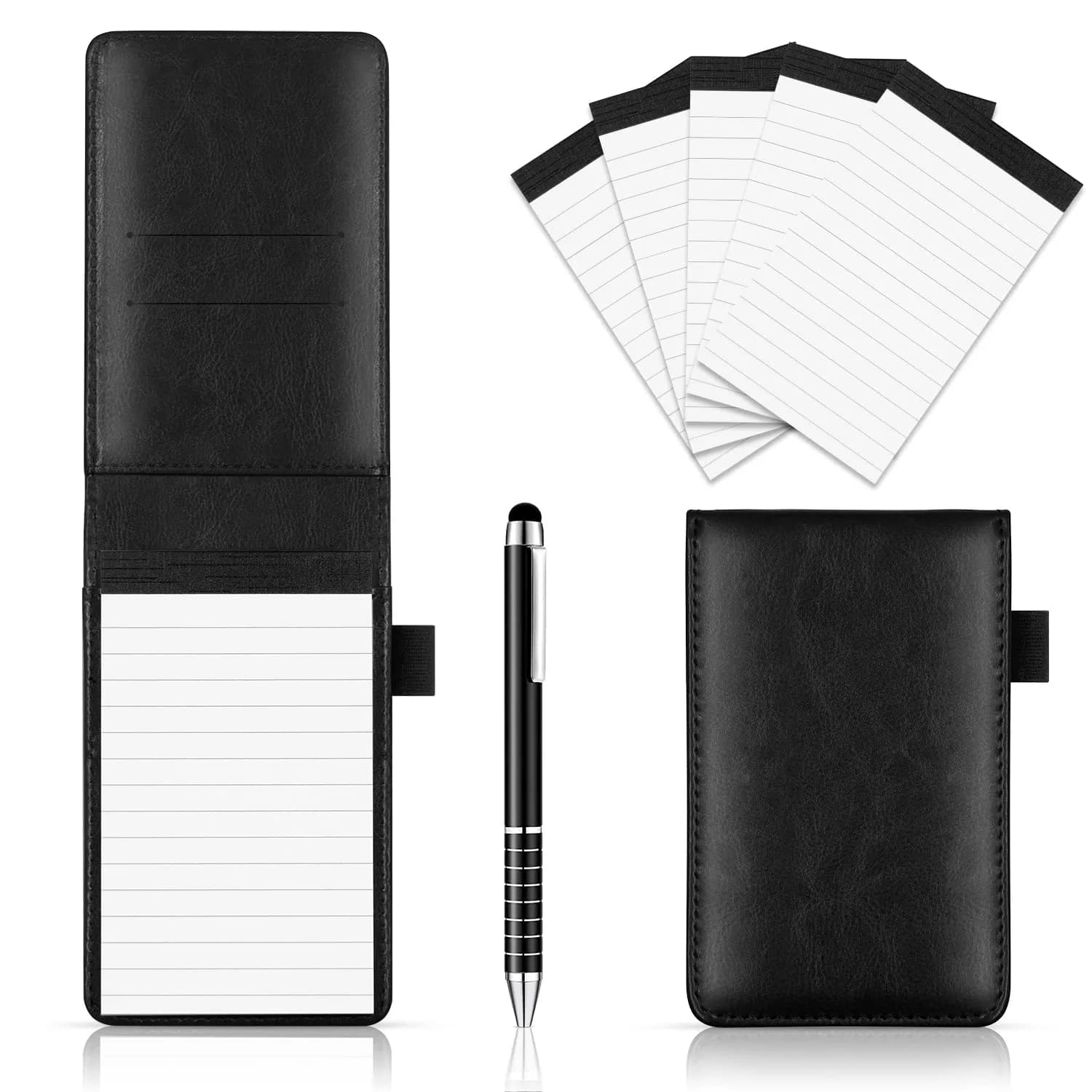 Xhwykzz Black PU Leather Pocket Notebook Holder Set with Pen & 5 Refills | 3x5 Inch, 30 Lined Pages Per Pad - main product image