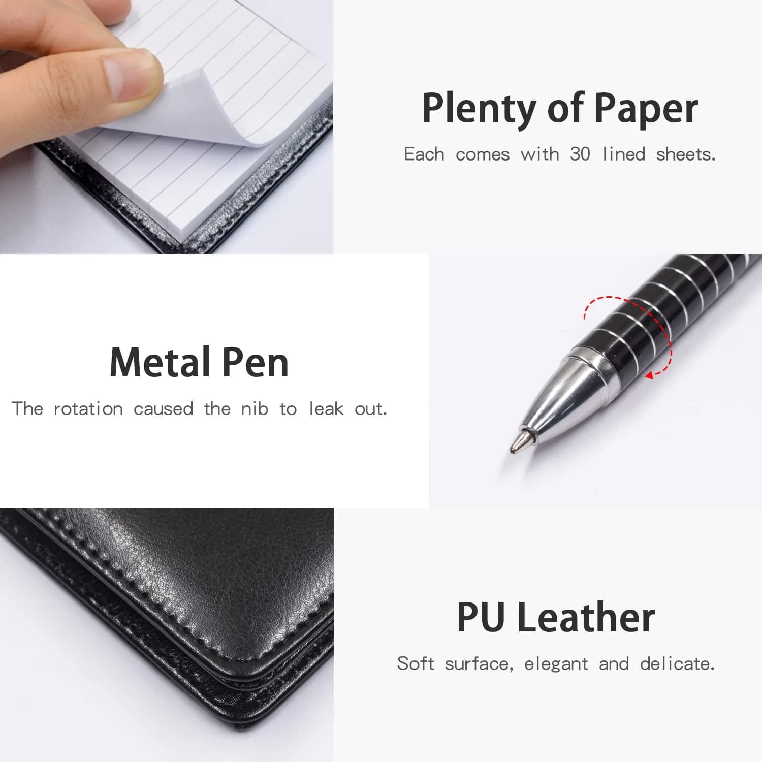 Xhwykzz Black PU Leather Pocket Notebook Holder Set with Pen & 5 Refills | 3x5 Inch, 30 Lined Pages Per Pad - view 6