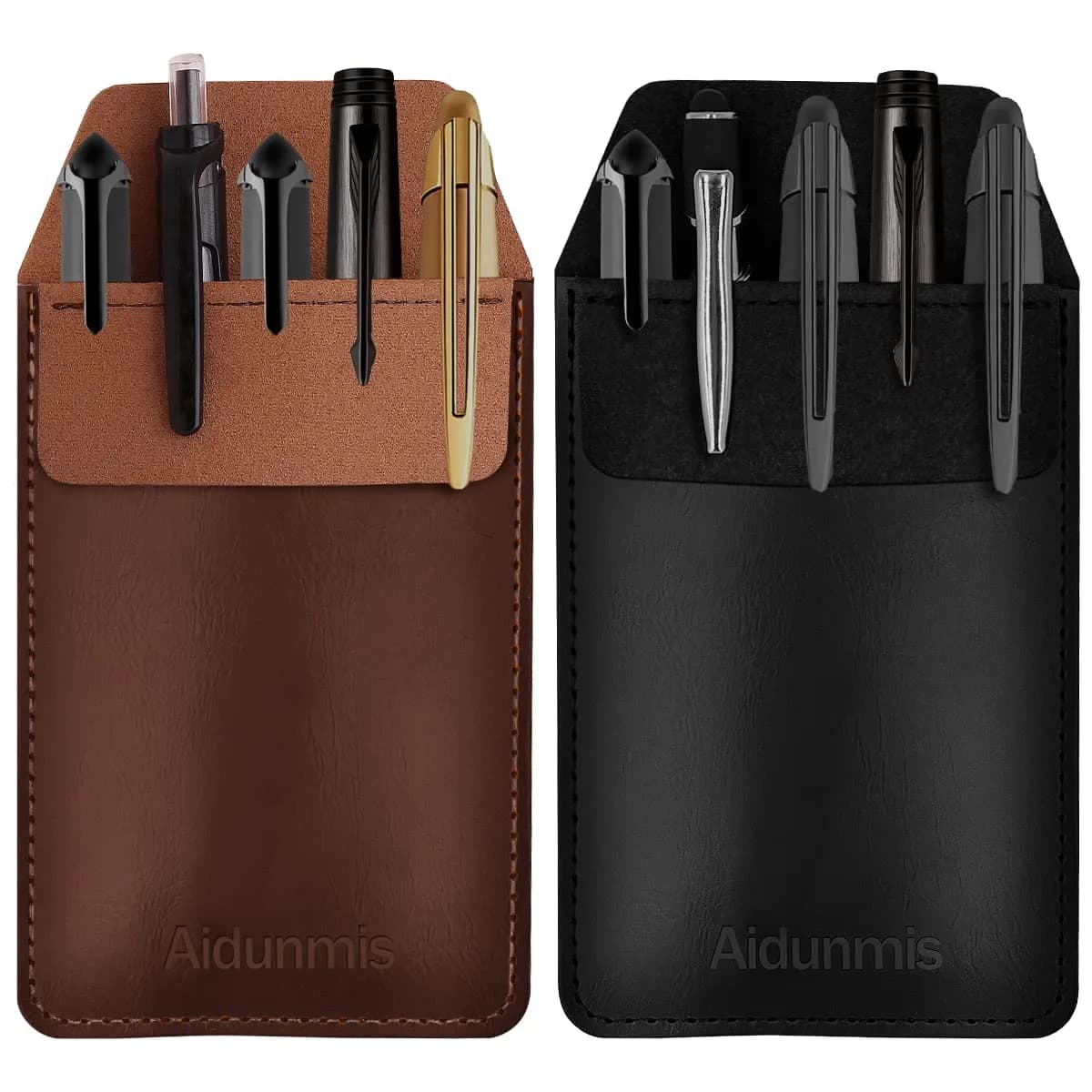 Aidunmis PU Leather Pocket Pen Holder Organizer Pouch 2 Pieces (Brown, Black) | Protects Shirts from Ink Spills - main product image