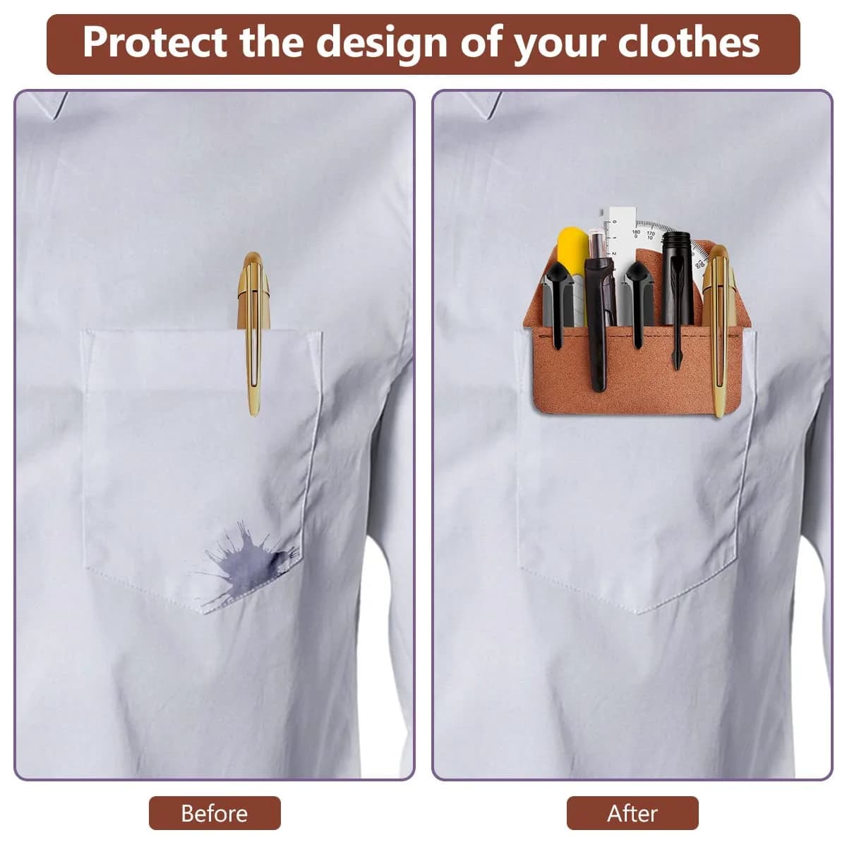 Aidunmis PU Leather Pocket Pen Holder Organizer Pouch 2 Pieces (Brown, Black) | Protects Shirts from Ink Spills - view 5