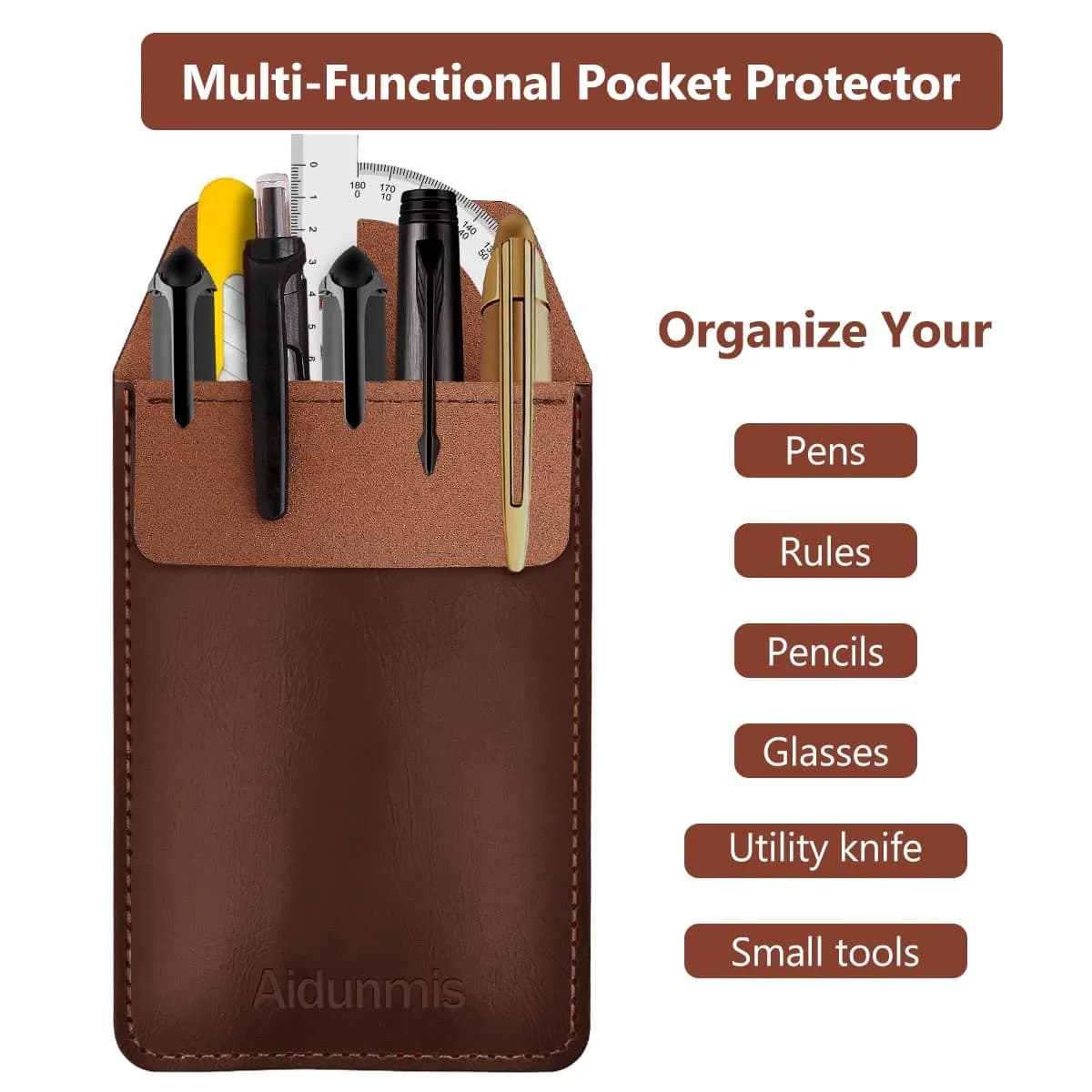 Aidunmis PU Leather Pocket Pen Holder Organizer Pouch 2 Pieces (Brown, Black) | Protects Shirts from Ink Spills - view 4
