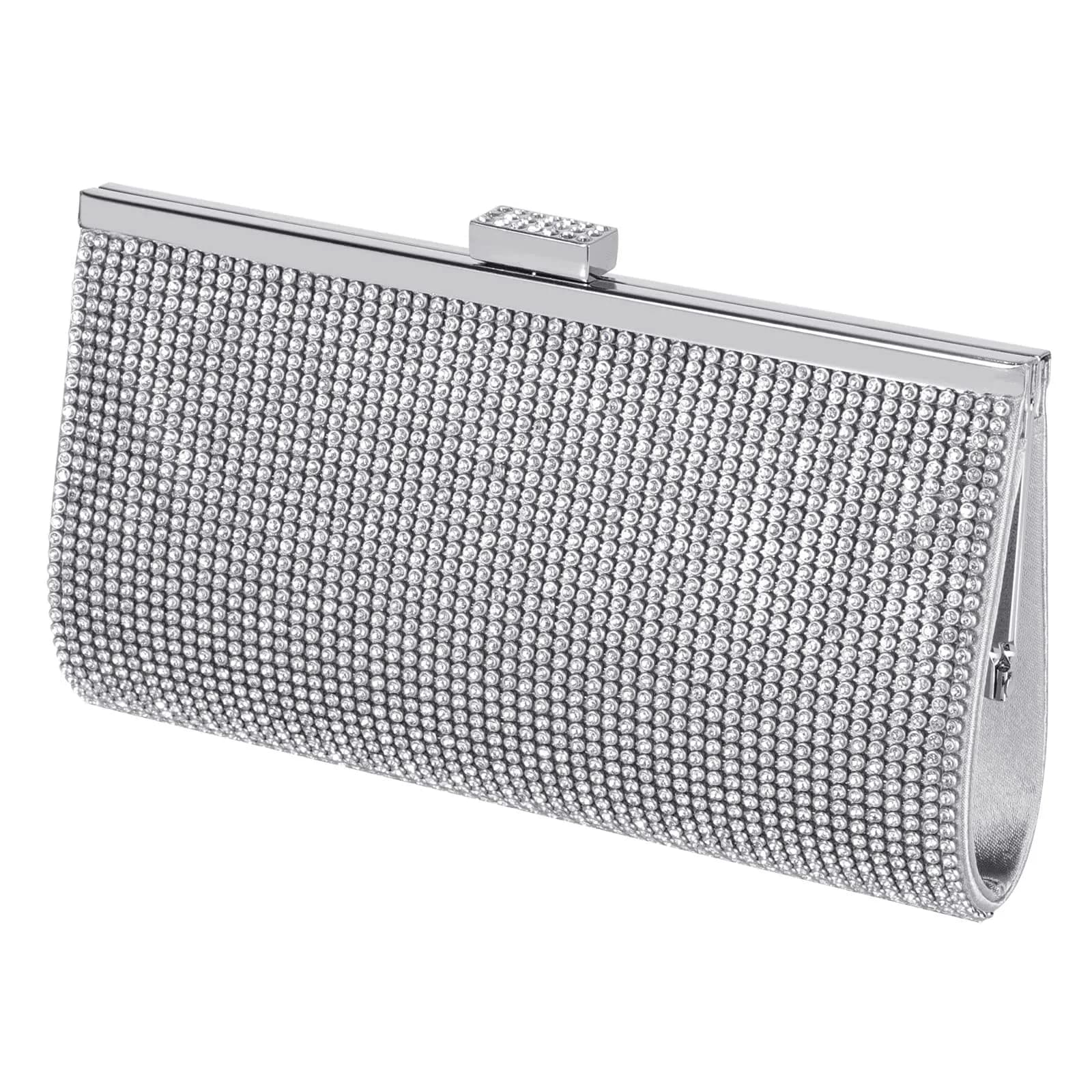 JIAN YA NA Silver Rhinestone Trihedral Clutch Evening Bag 11.3cm x 15.5cm | Bling Zipper Wedding Purse - main product image