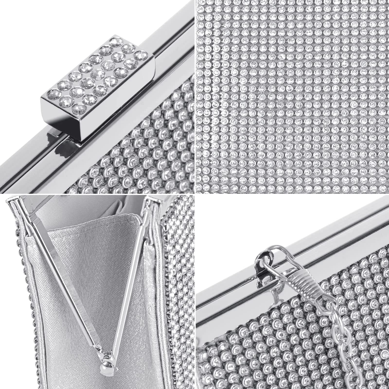 JIAN YA NA Silver Rhinestone Trihedral Clutch Evening Bag 11.3cm x 15.5cm | Bling Zipper Wedding Purse - view 4