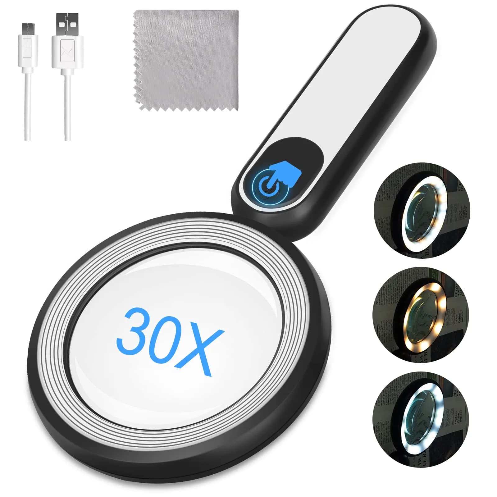Arsir Rechargeable Magnifying Glass with Light, 30X 4.72in (12cm) Handheld LED Illuminated Book Magnifier — Black+white