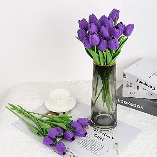IPOPU Real Touch Purple Tulips 24PCS Artificial Flowers 34cm (13.4") | Lifelike Floral Arrangements for Home Decor thumbnail 7