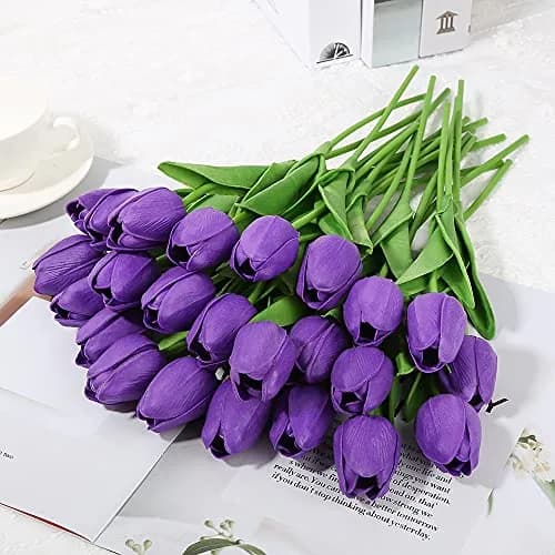 IPOPU Real Touch Purple Tulips 24PCS Artificial Flowers 34cm (13.4") | Lifelike Floral Arrangements for Home Decor thumbnail 2