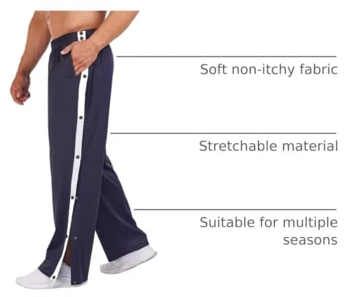 Deyeek Men's Tear Away Basketball Pants High Split Snap Button Casual Post-Surgery Sweatpants with Pockets Navy Blue | Stretchable, Comfortable, Post-Surgery Wear thumbnail 4