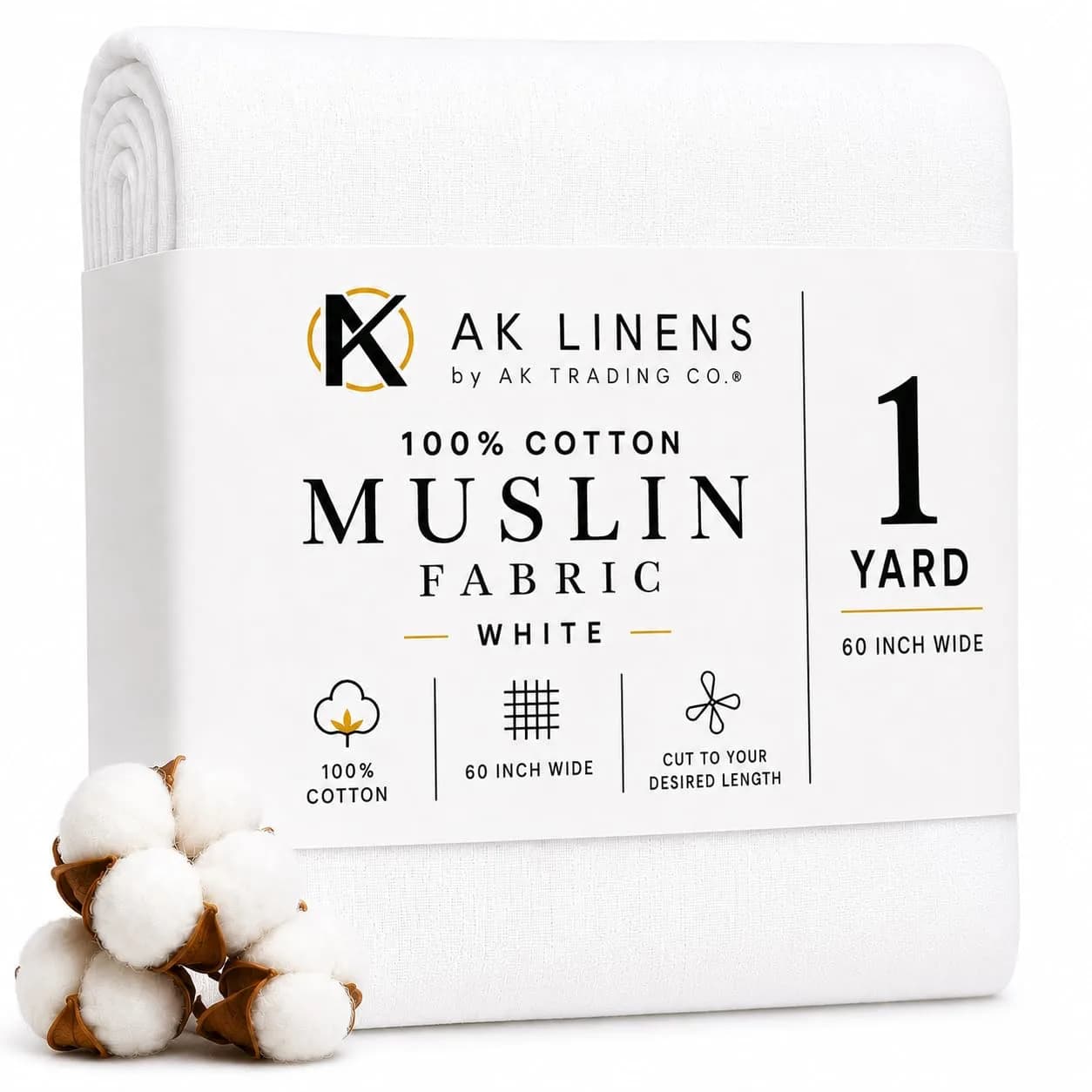 AK TRADING CO. Bleached Cotton Muslin Fabric 1 Yard | Medium Weight, 60in Wide, 100% Cotton — Bleach White / 1 Yard