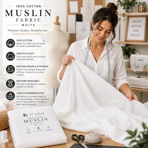 AK TRADING CO. Bleached Cotton Muslin Fabric 1 Yard | Medium Weight, 60in Wide, 100% Cotton thumbnail 2