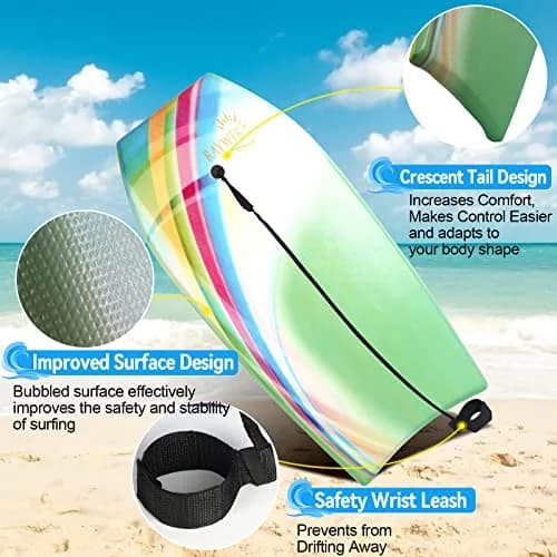 RAYWER Body Board Lightweight with EPS Core, HDPE Slick Bottom, Leash & Adjustable Wrist Rope, 41-INCH | Impact-Resistant Surfing for Kids & Adults thumbnail 4