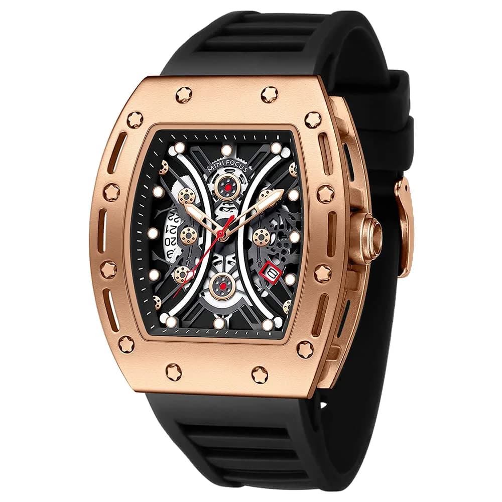 AIMES Men's Tonneau Watch Gold Black 41.8mm | Skeleton Dial Luxury Quartz - main product image