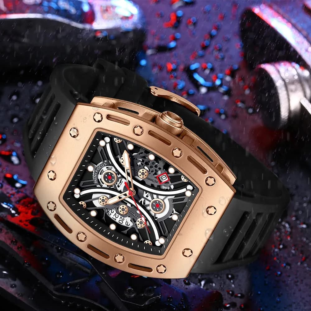 AIMES Men's Tonneau Watch Gold Black 41.8mm | Skeleton Dial Luxury Quartz - view 3