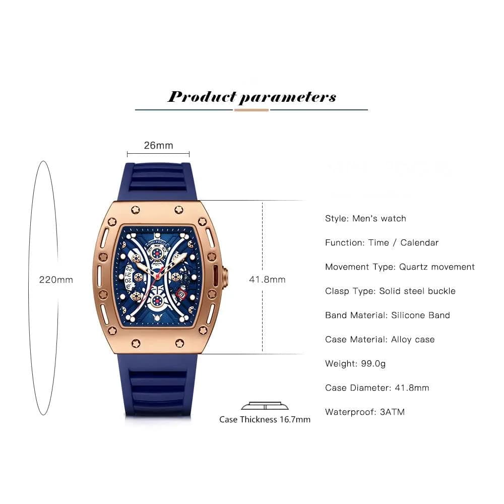 AIMES Men's Tonneau Watch Gold Blue 41.8mm (1.65 inch) | Skeleton Dial Luxury Quartz - view 5