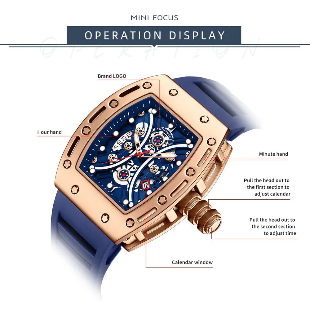 AIMES Men's Tonneau Watch Gold Blue 41.8mm (1.65 inch) | Skeleton Dial Luxury Quartz - view 6