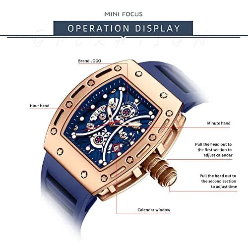 AIMES Men's Tonneau Watch Gold Blue 41.8mm (1.65 inch) | Skeleton Dial Luxury Quartz thumbnail 6