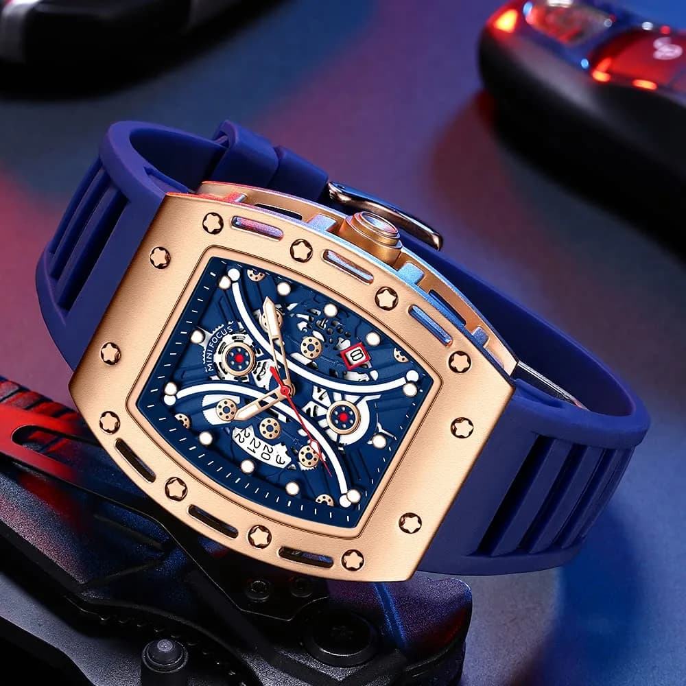 AIMES Men's Tonneau Watch Gold Blue 41.8mm (1.65 inch) | Skeleton Dial Luxury Quartz - view 7
