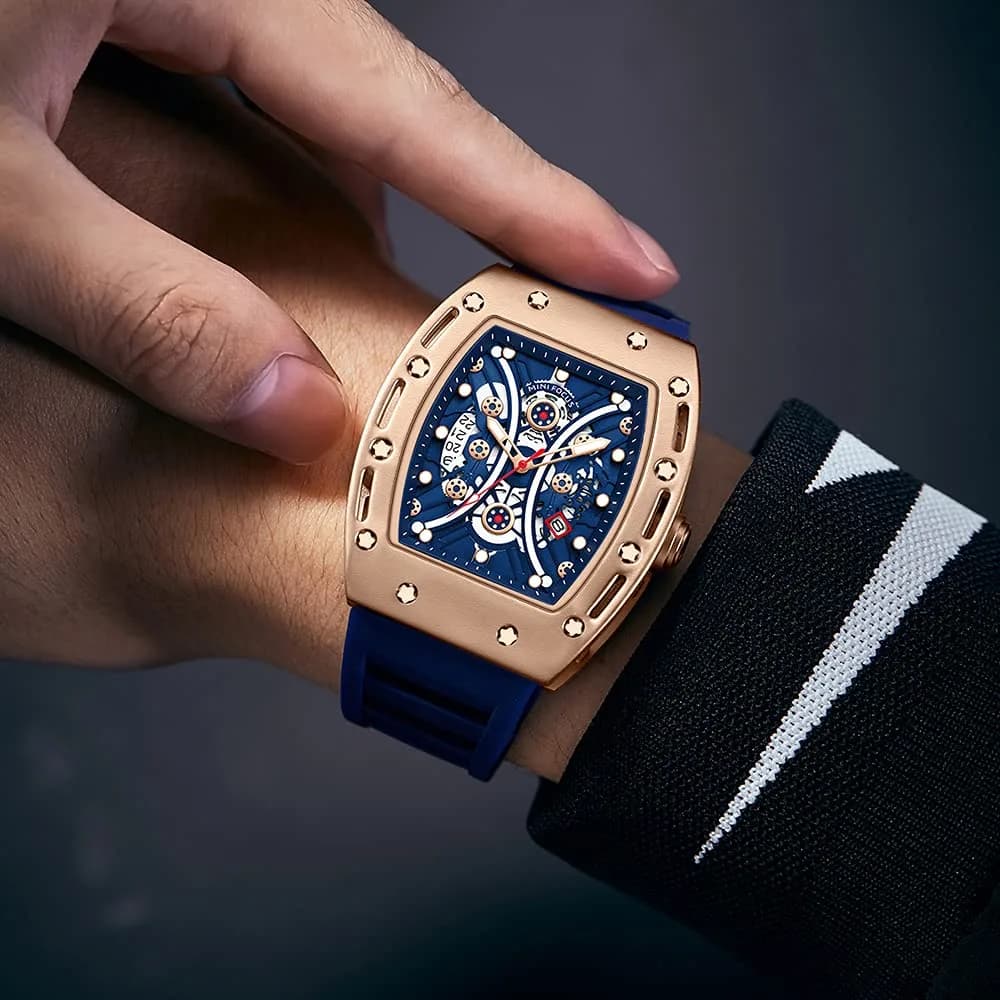 AIMES Men's Tonneau Watch Gold Blue 41.8mm (1.65 inch) | Skeleton Dial Luxury Quartz - view 4
