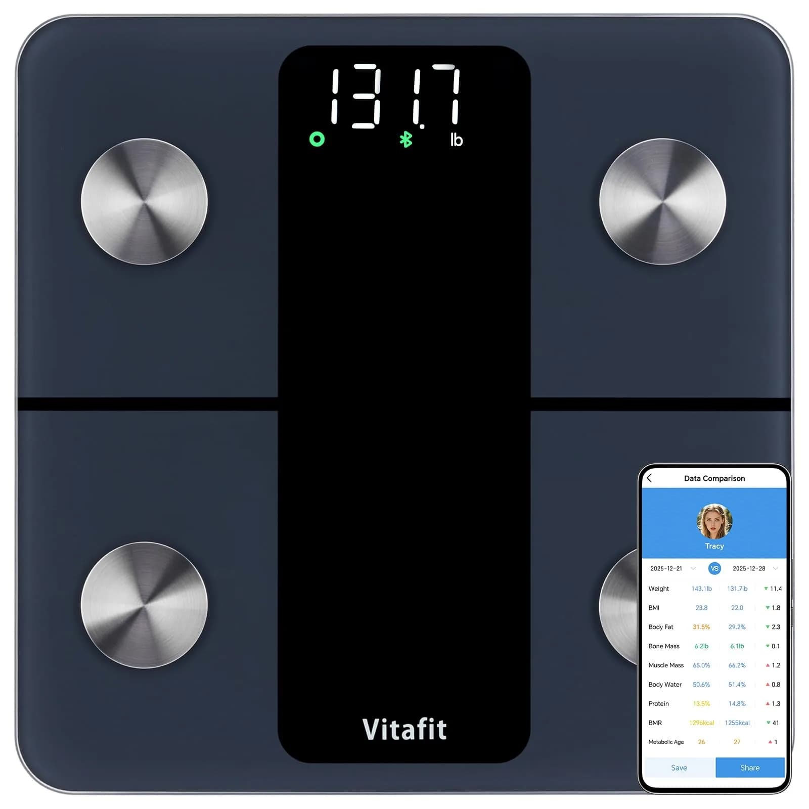 Vitafit Smart Body Weight Scale 1.15 kg (2.54 lb) | High Accuracy 0.05 kg (0.1 lb) with 13 Body Compositions — Black