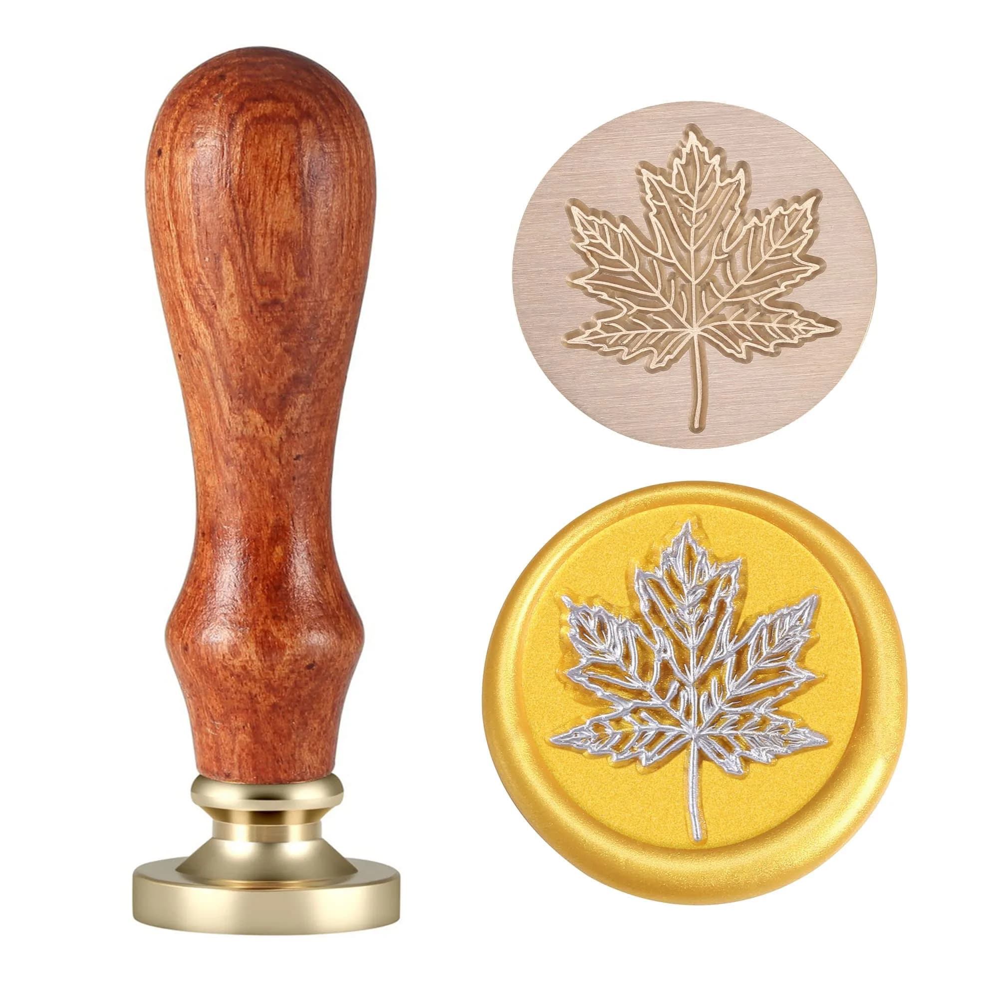 Yoption Fall Maple Leaf Wax Seal Stamp for Envelope and Invitation Seals | 25mm Diameter, Copper & Rosewood Handle — Maple Leaf
