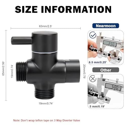 NearMoon Solid Brass G1/2" Shower Arm All Metal Universal 3-Way Diverter Valve for Handheld and Fixed Head, Replacement Component Adapter (Matte Black) | Durable Brass thumbnail 2