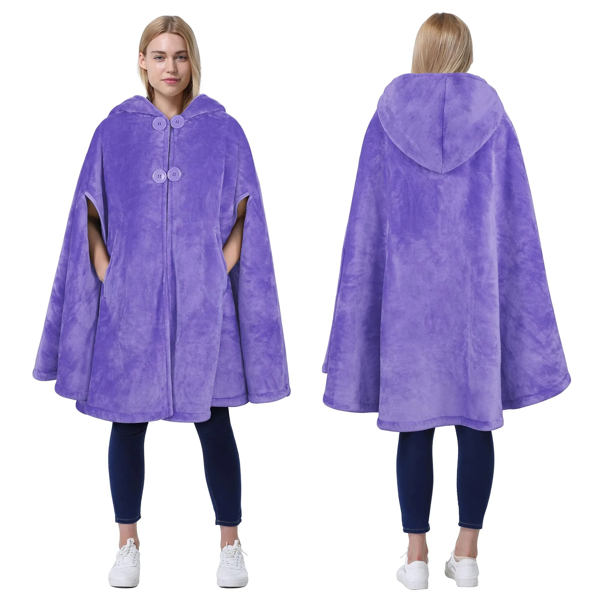 Catalonia Women's Hooded Poncho Cape, Oversized Sherpa Fleece Cloak Coat | Versatile Winter Wear — Purple
