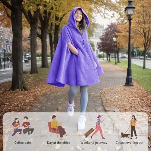 Catalonia Women's Hooded Poncho Cape, Oversized Sherpa Fleece Cloak Coat | Versatile Winter Wear thumbnail 4