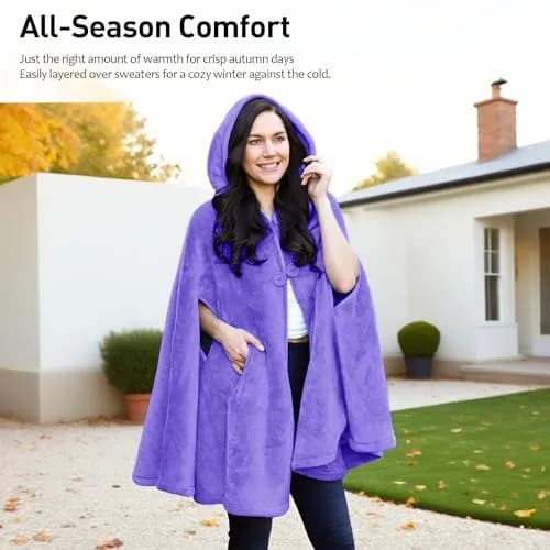 Catalonia Women's Hooded Poncho Cape, Oversized Sherpa Fleece Cloak Coat | Versatile Winter Wear thumbnail 3