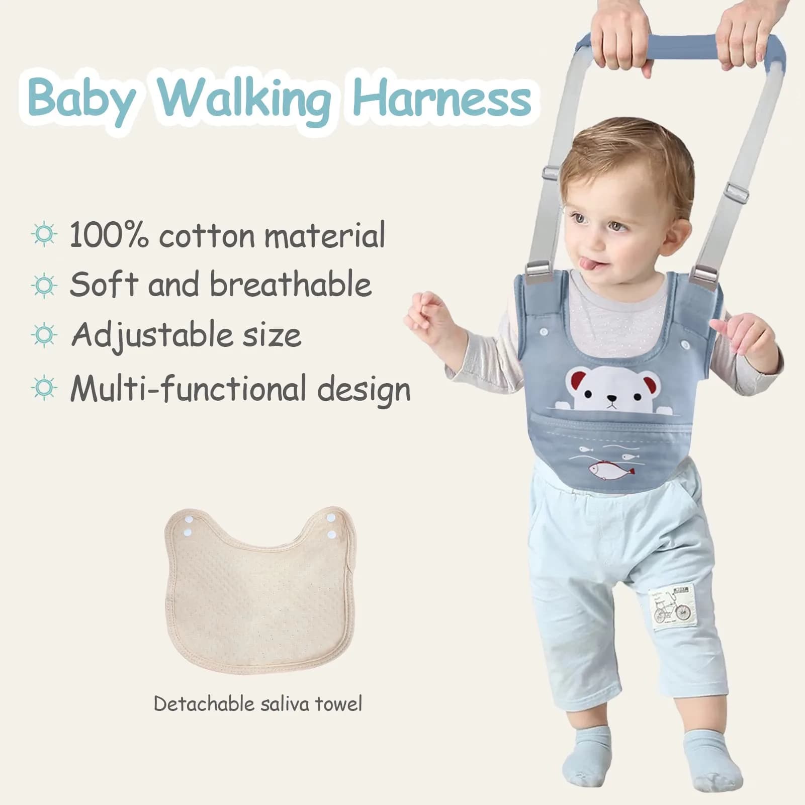 Ocanoiy Baby Walking Harness Handheld Baby Walker Assistant Belt Blue | Adjustable Cotton Mesh for 9-24 Month Toddlers - view 7