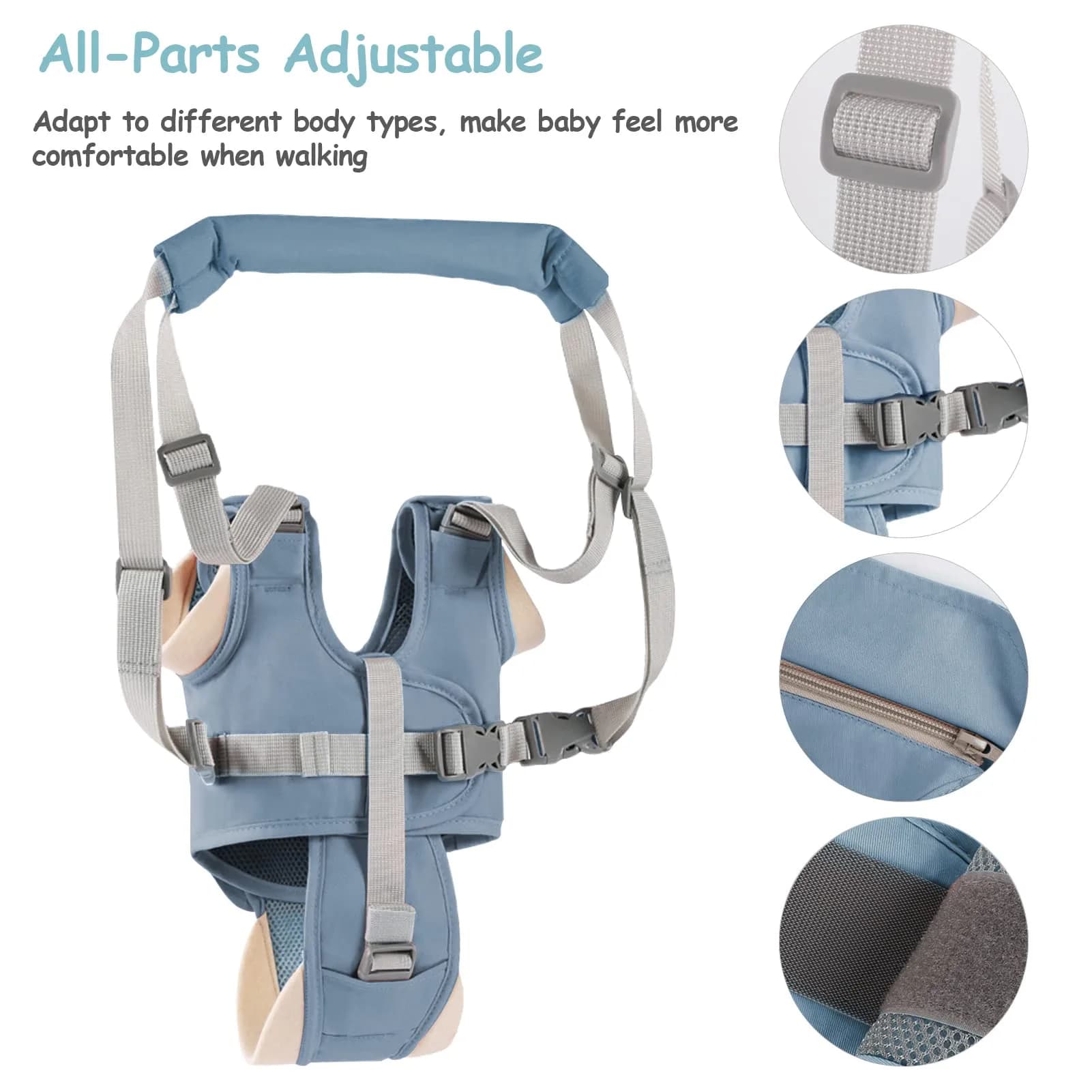 Ocanoiy Baby Walking Harness Handheld Baby Walker Assistant Belt Blue | Adjustable Cotton Mesh for 9-24 Month Toddlers - view 3