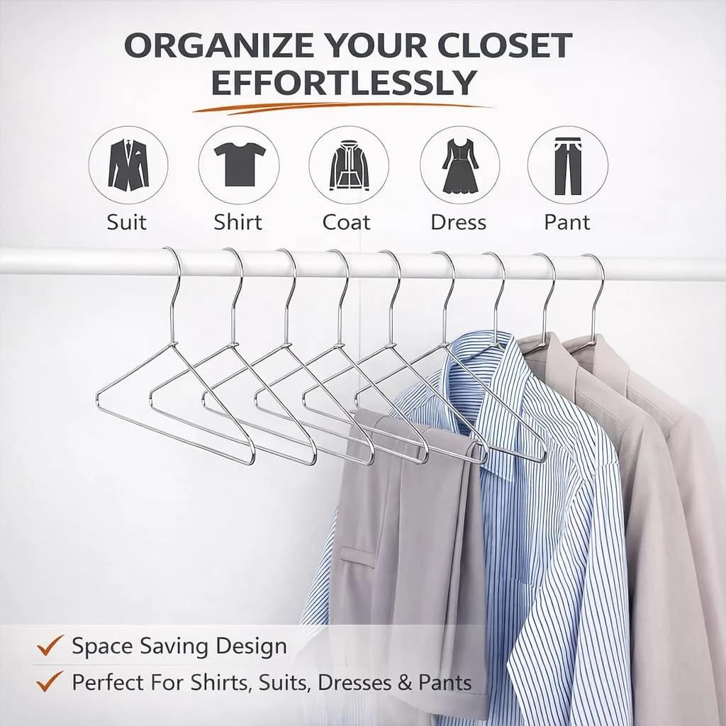 PulGos Heavy Duty Stainless Steel Clothes Hangers with Notches, 17 Inch Silver Metal Wire Hanger Pack of 12 | Organize Your Wardrobe Efficiently - view 3