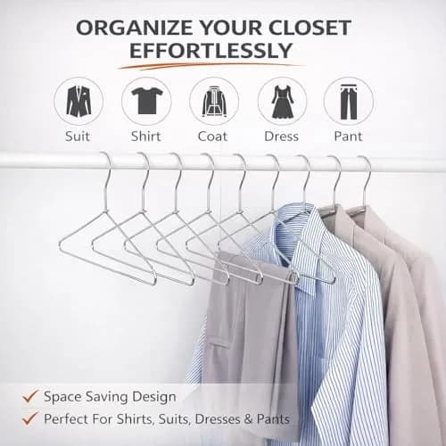 PulGos Heavy Duty Stainless Steel Clothes Hangers with Notches, 17 Inch Silver Metal Wire Hanger Pack of 12 | Organize Your Wardrobe Efficiently thumbnail 3