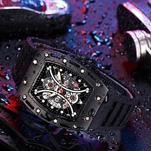 AIMES Men’s Black Skeleton Tonneau Watch | 41.8mm Quartz, Water-Resist 30M thumbnail 4